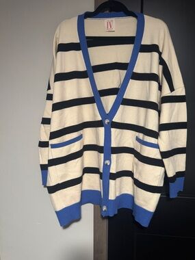 Cream and Black Striped Cardigan with Blue Trim